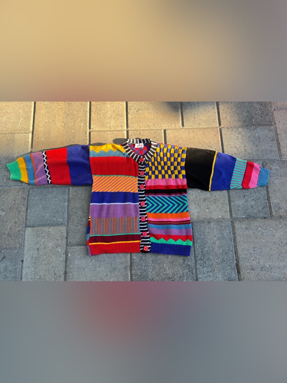 Vintage 80s/90s Christine Foley Intarsia Knit Patchwork Cardigan Colorblock